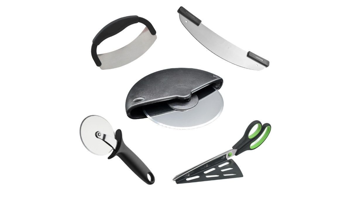 Five pizza cutter styles: two rocking blades, a palm wheel cutter, a handled wheel cutter, and pizza scissors