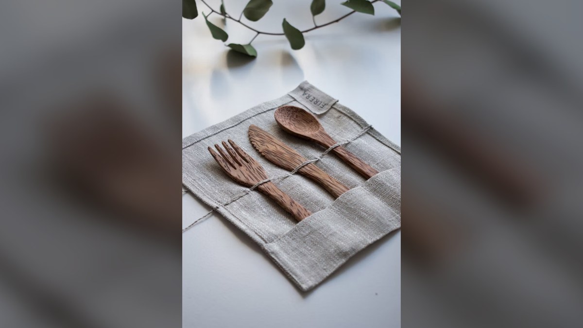Wooden fork, knife and spoon tucked into a linen utensil roll