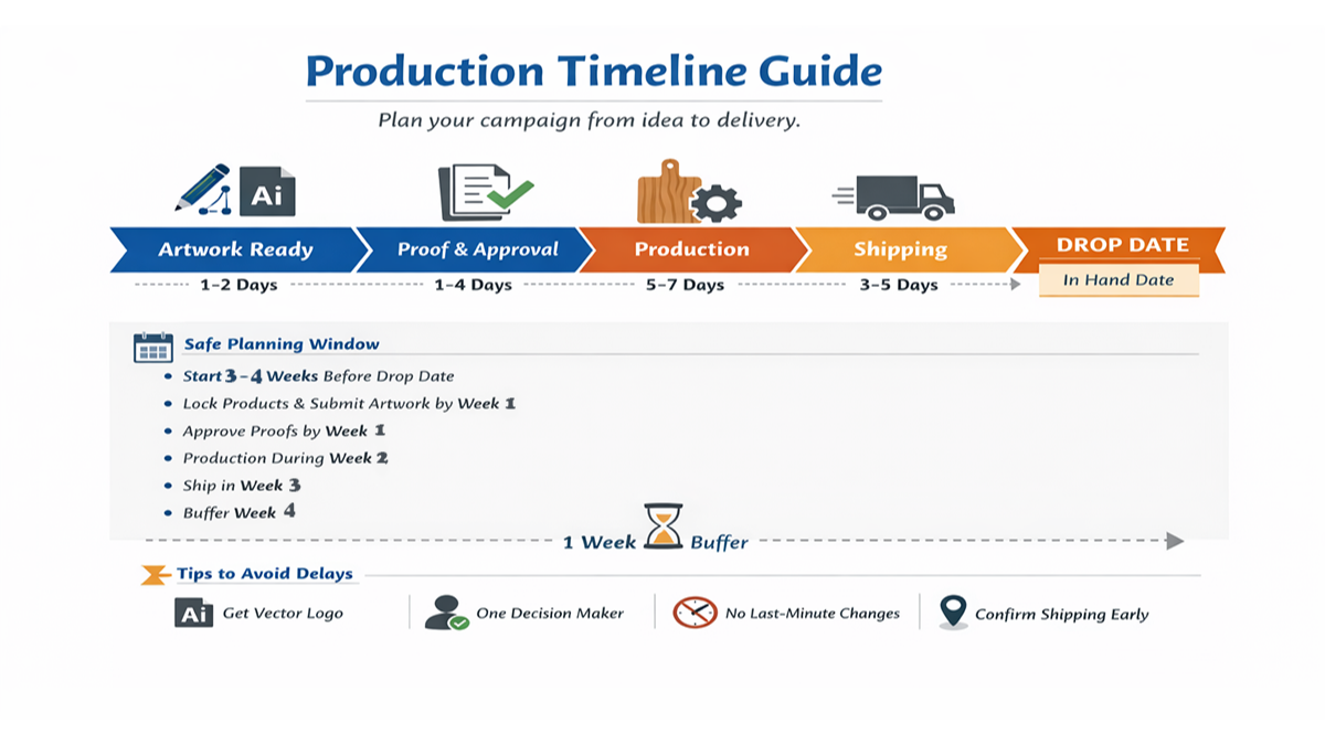 Production timeline infographic: artwork 1 to 2 days, proof and approval 1 to 4 days, production 5 to 7 days, shipping 3 to 5 days