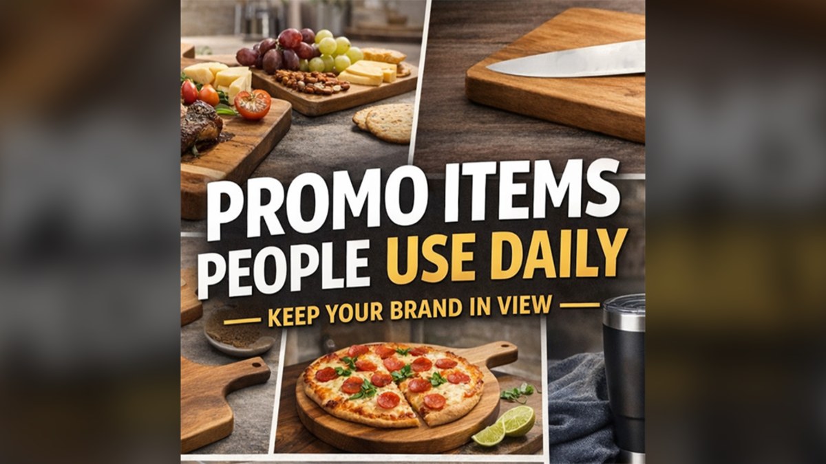 Serving boards with cheese and grapes, a chef's knife, a pizza on a wooden board and a tumbler, under the words Promo items people use daily
